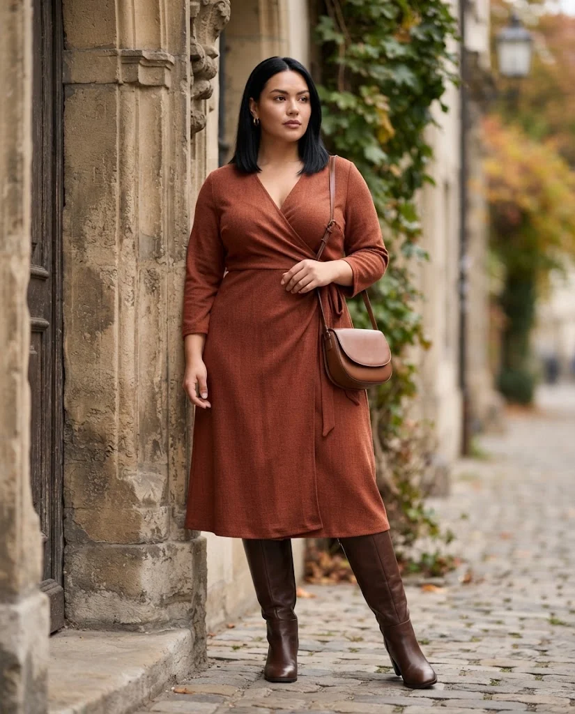 Plus Size Fall Outfits for Women: 15 Stylish Ideas 3 Rust Wrap Midi Dress With Espresso Knee-High Boots, an elegant plus size fall outfit