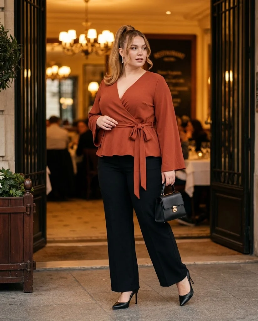 Plus Size Fall Dinner Outfits: 15 Chic Looks for Autumn Evenings 4 Rust Wrap Top With Black Wide-Leg Pants Plus Size Fall Dinner Outfit