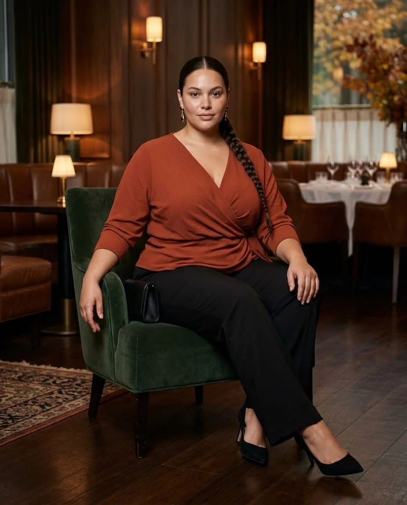 Rust Wrap Top With Black Wide-Leg Trousers Plus Size Fall Date Night Outfit