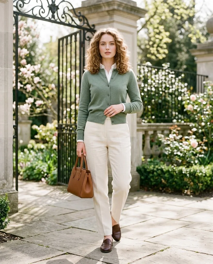 women wearing Sage Green Cardigan With Cream Trousers