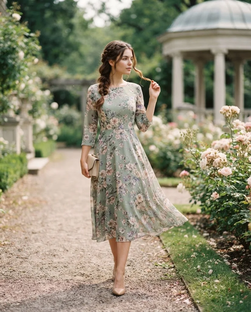 Sage Green Floral Midi Dress + Nude Pumps