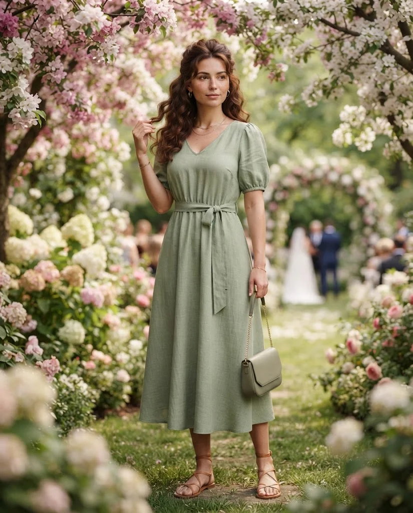 women wearing Sage Green Midi Dress With Sandals