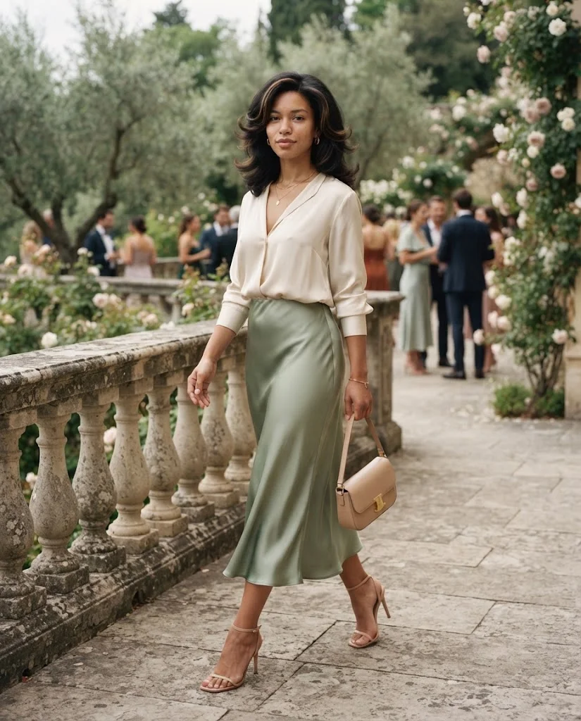 women wearing Sage Green Midi Skirt With a Draped Top