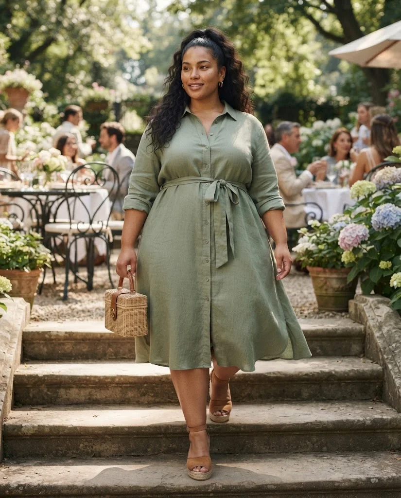 Plus Size Brunch Outfits for Women: 15 Stylish Ideas 6 Sage Green Shirt Dress With Espadrilles Plus Size Brunch Outfit