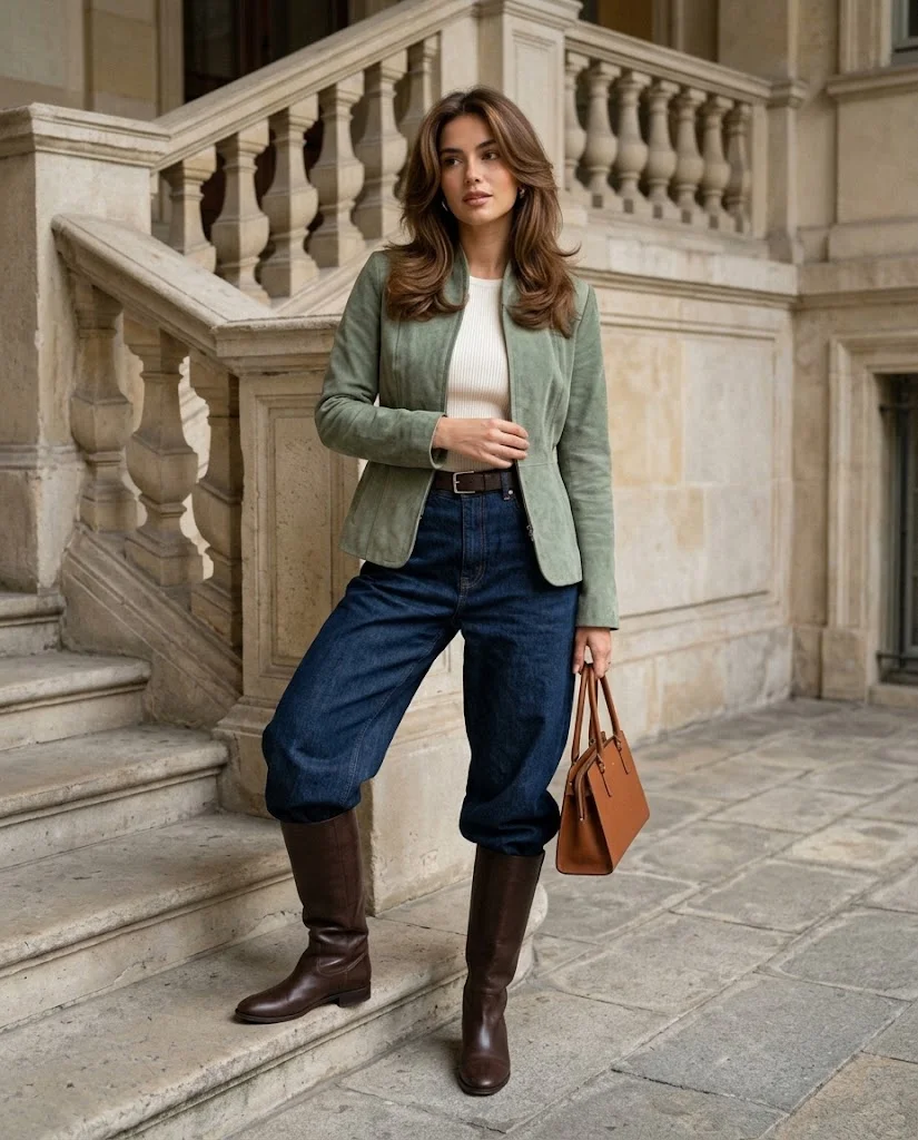 Early Fall Outfits for Women: 20+ Elegant Old Money Ideas 19 Sage Green Suede Jacket with Dark Indigo Baggy Jeans, an elegant old money early fall outfit for women
