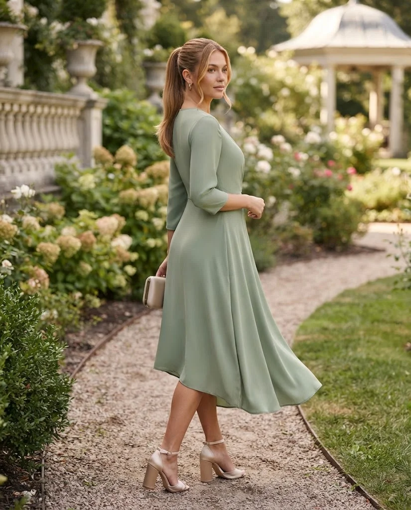 Sage Green Wrap Dress + Champagne Heels