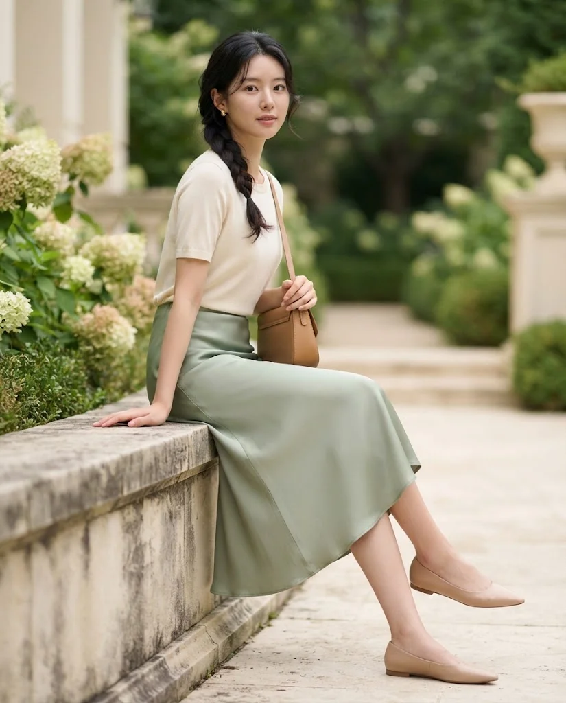 women wearing Sage Satin Midi Skirt With a Cream Top