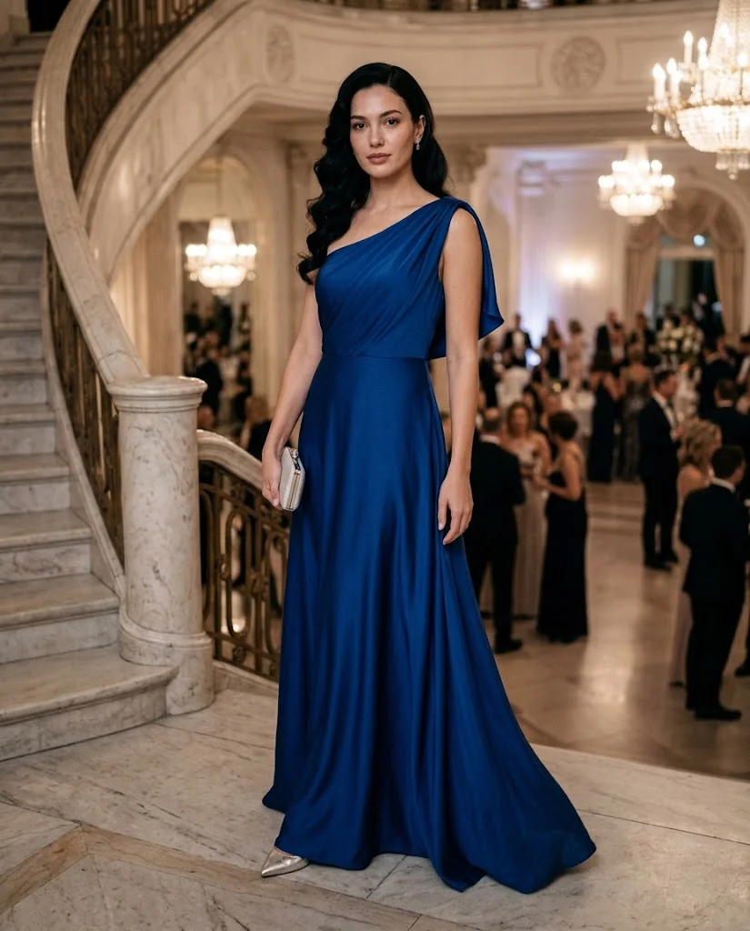 women wearing Sapphire Blue One-Shoulder Gown
