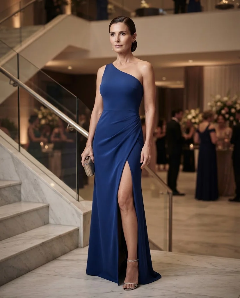 Chic Formal Wedding Guest Outfits for Women Over 50: 20+ Elegant Ideas 17 Sapphire Blue One-Shoulder High-Slit Gown with Silver Clutch, a formal wedding guest outfit for women over 50