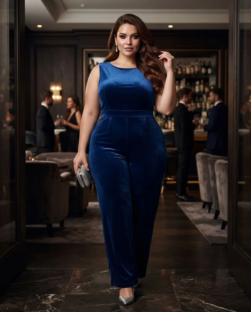 Sapphire Blue Velvet Jumpsuit With Crystal Earrings Plus Size Cocktail Party Outfit