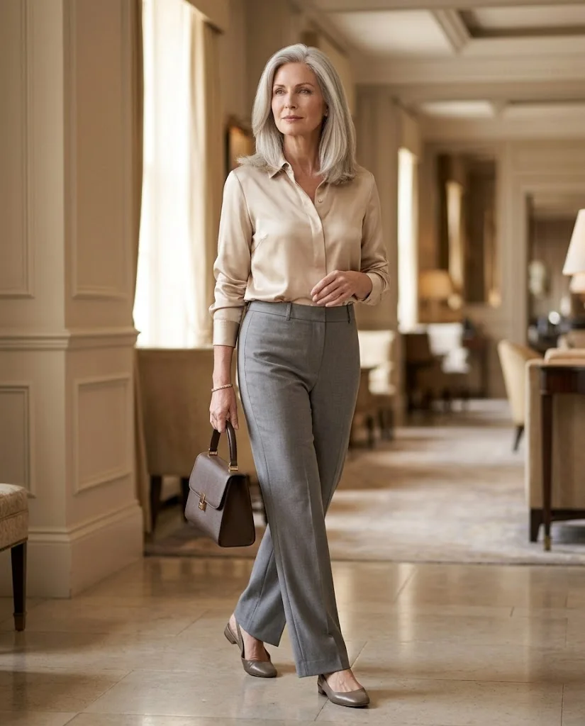 women wearing Satin Blouse With Tailored Gray Pants