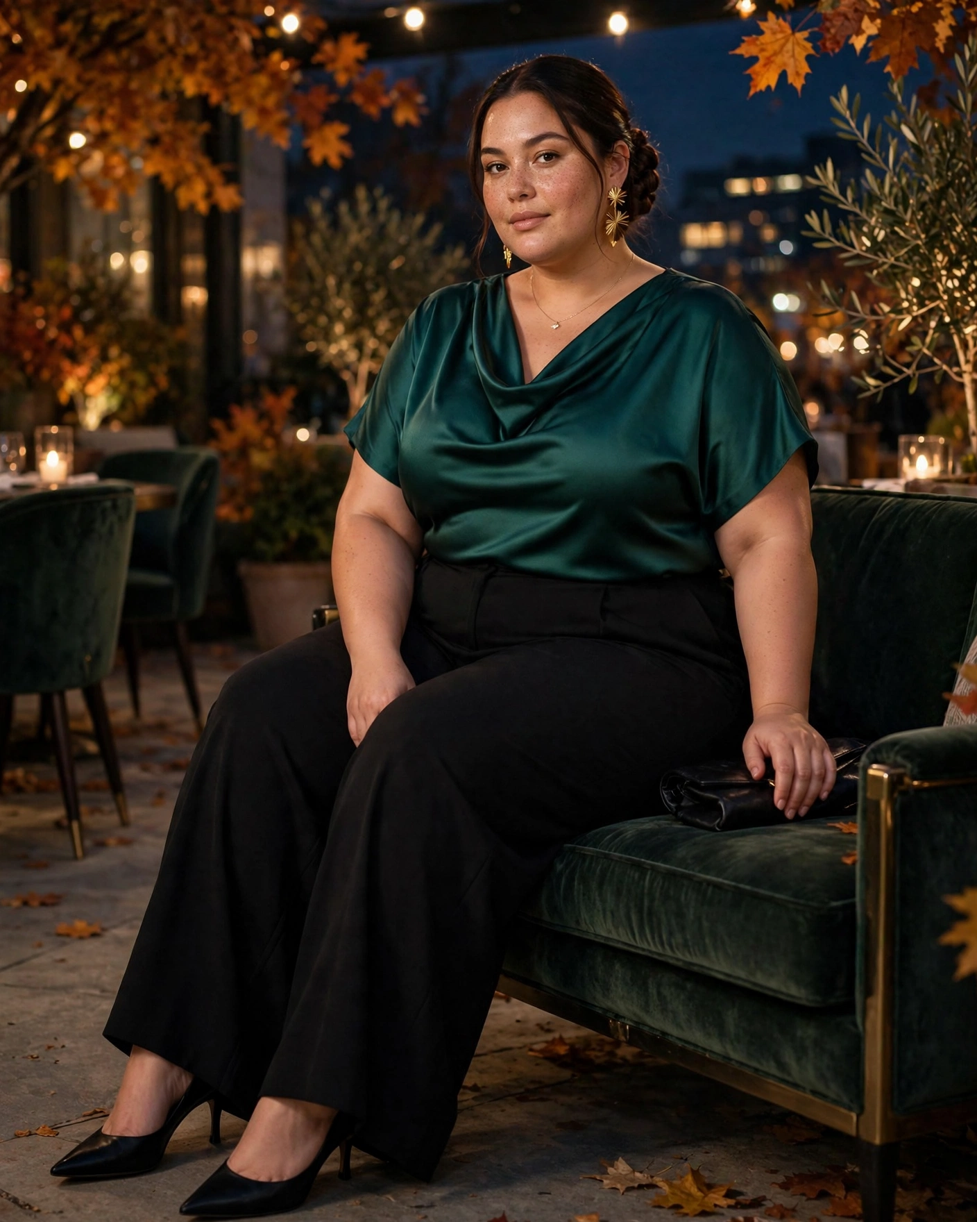 Satin Cowl-Neck Top With Black Wide-Leg Pants Plus Size Fall Night Out Outfit