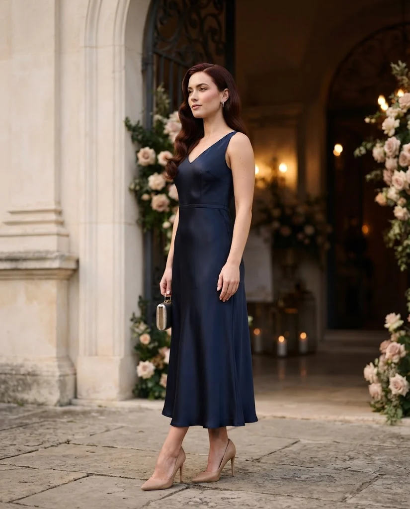 women wearing Satin Midi Dress With Classic Heels