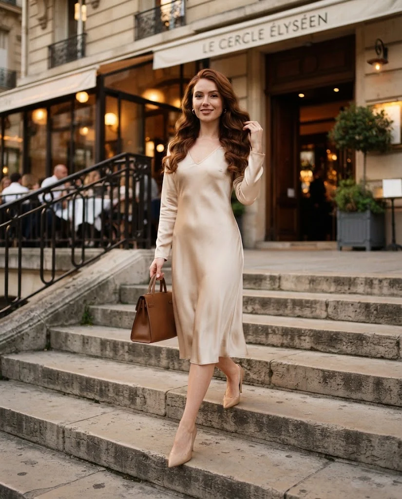 women wearing Satin Midi Dress With Classic Pumps