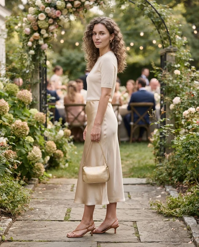 women wearing Satin Midi Skirt With a Simple Knit Top