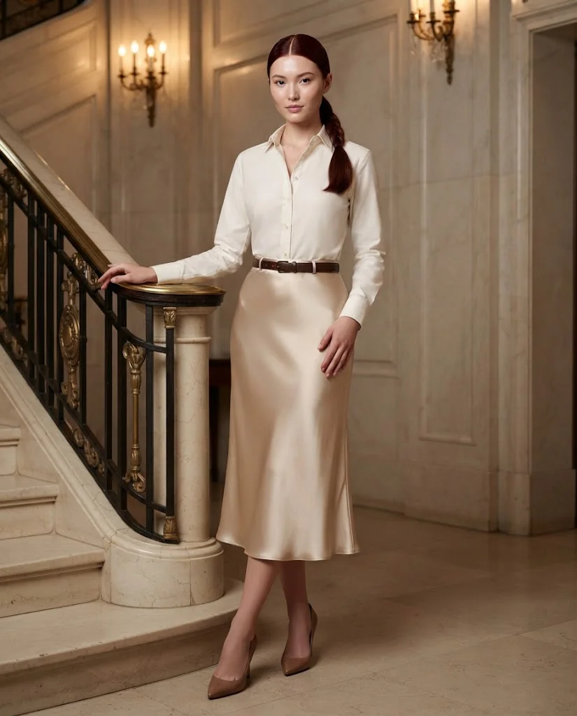 women wearing Satin Skirt With a Classic Button-Down