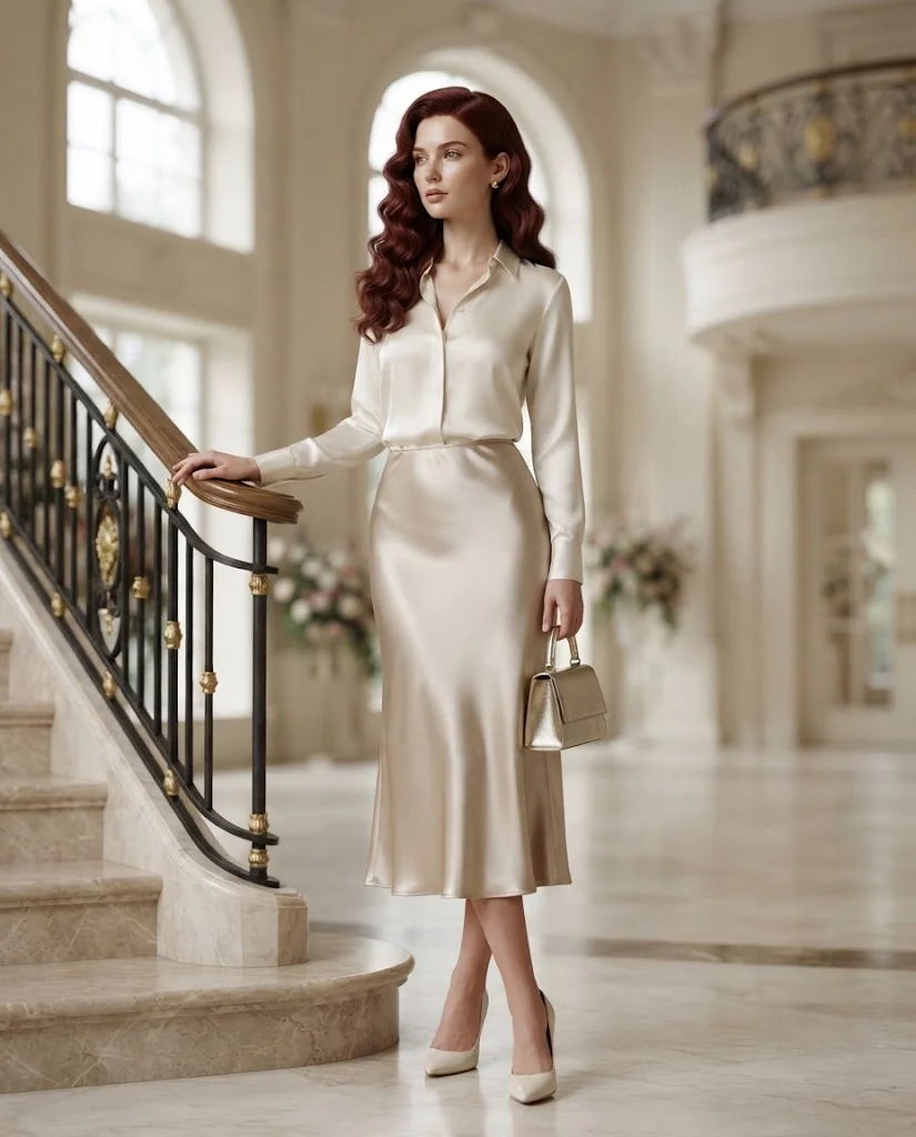 women wearing Satin Skirt With a Fitted Blouse