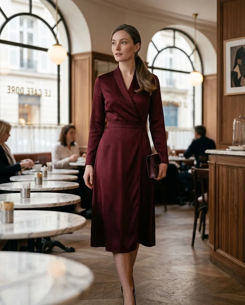women wearing Satin Wrap Dress With Pointed Flats