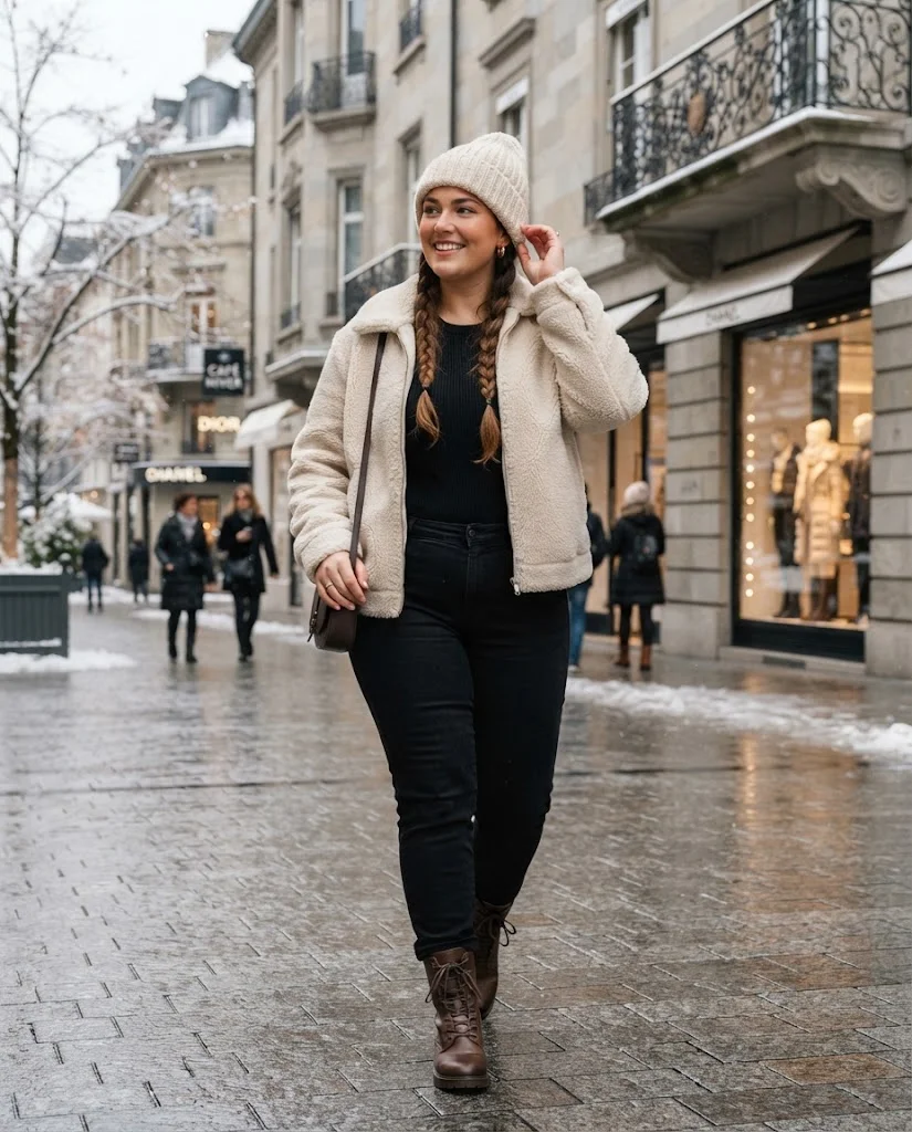 Plus Size Winter Outfits for Women: 15 Warm and Stylish Ideas 11 Sherpa Jacket With Black Jeans and Winter Boots, a casual plus size winter outfit idea