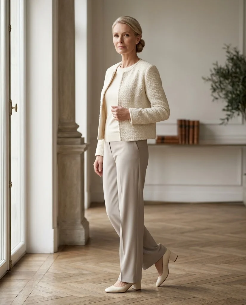 women wearing Short Bouclé Jacket With Soft Wide-Leg Pants