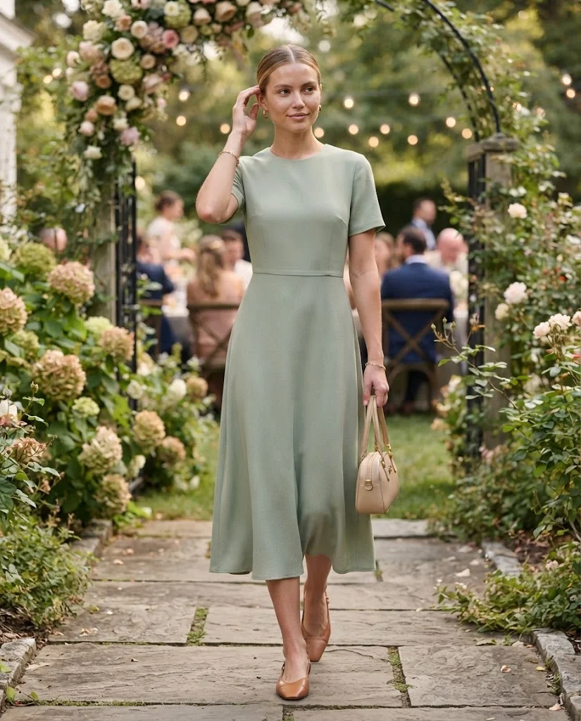 women wearing Short-Sleeve Midi Dress With Slingback Flats