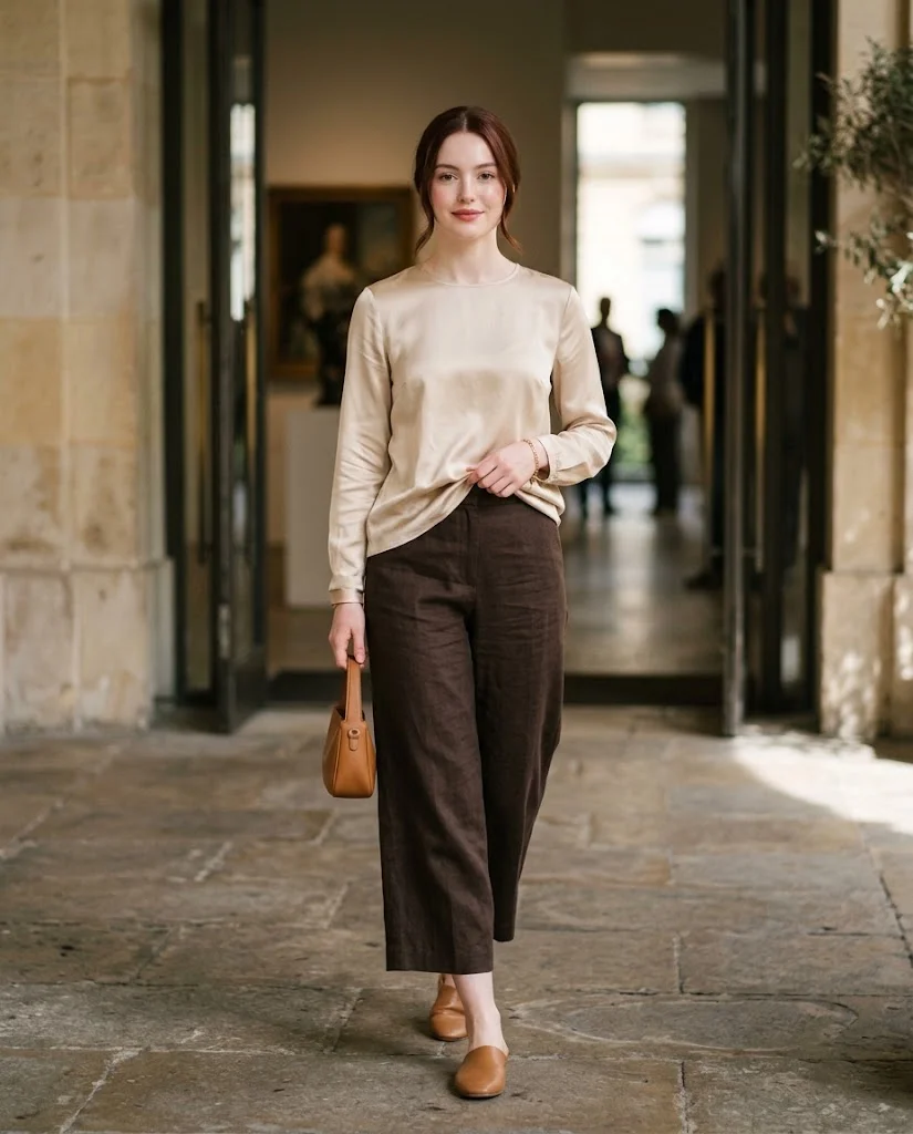 women wearing Silk Blouse With Dark Brown Culottes