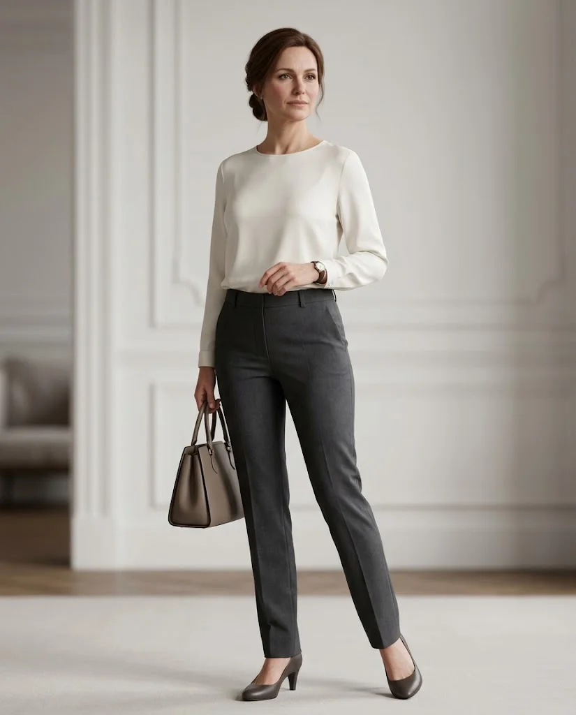 women wearing Silk Blouse With Straight-Leg Trousers