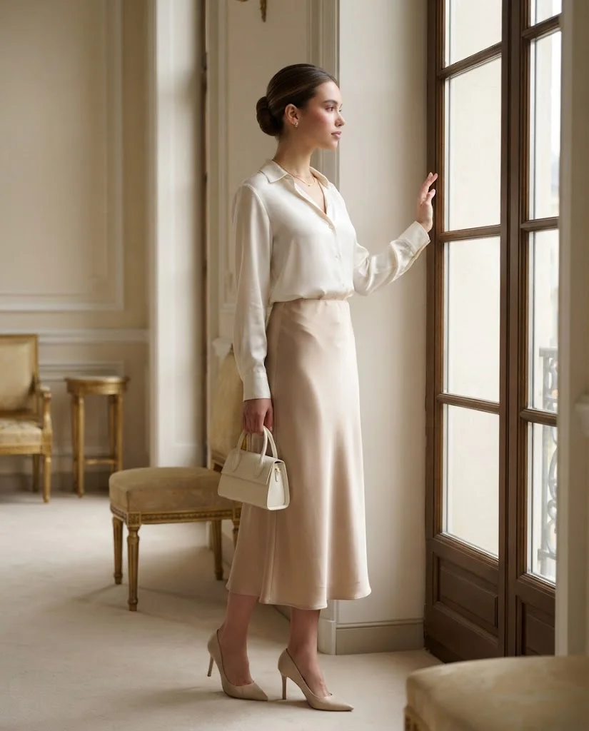 women wearing Silk Blouse With a Flowing Midi Skirt