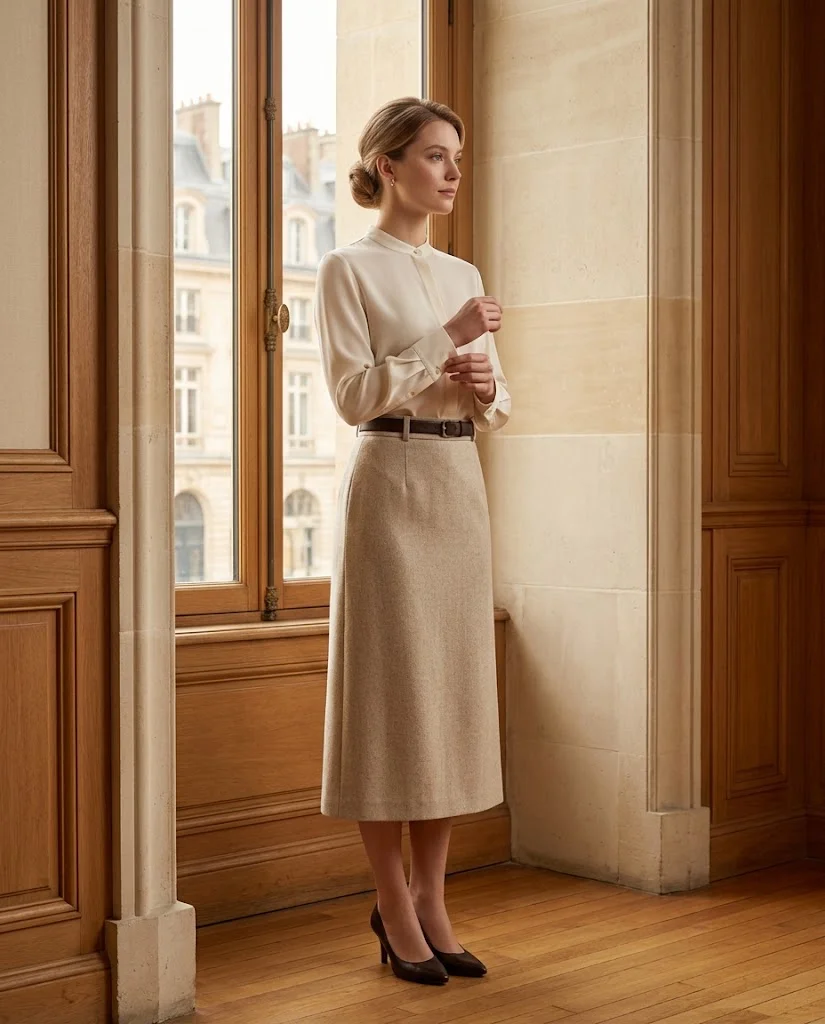 women wearing Silk Blouse With a Midi Skirt