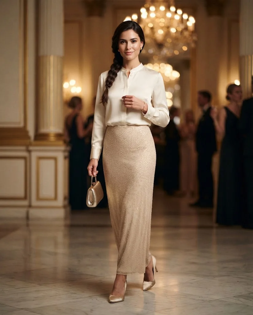 women wearing Silk Button-Front Blouse With a Beaded Evening Skirt