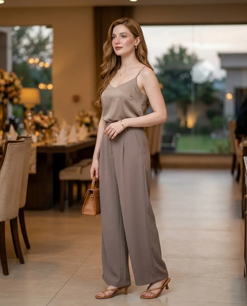 Elegant Old Money Outfits for Women: 20+ Timeless Ideas 16 women wearing Silk Camisole With High-Waisted Palazzo Pants