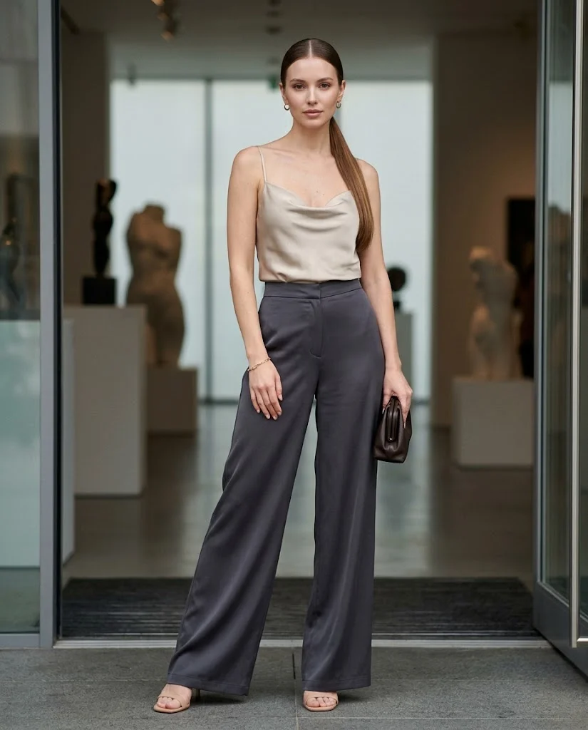 women wearing Silk Camisole With High-Waisted Palazzo Pants