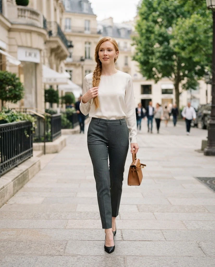 women wearing Silk-Neck Blouse With Tailored Cigarette Trousers