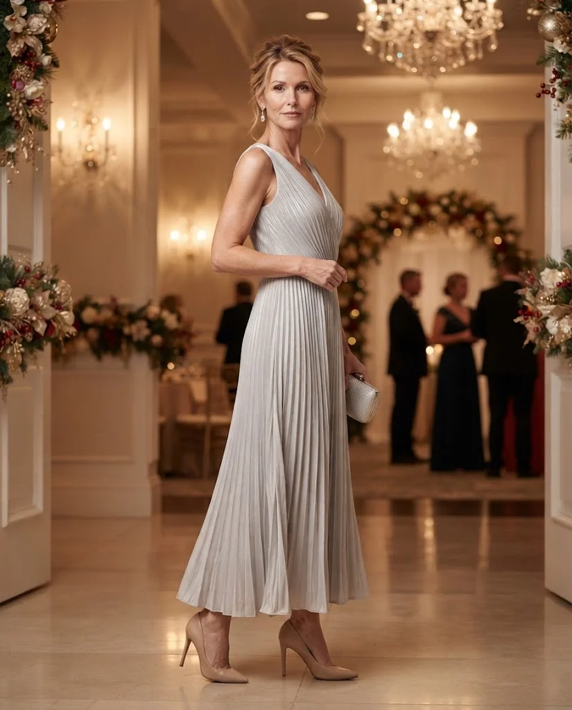 Chic Formal Wedding Guest Outfits for Women Over 50: 20+ Elegant Ideas 15 Silver Pleated Evening Dress with Nude Heels, a formal wedding guest outfit for women over 50