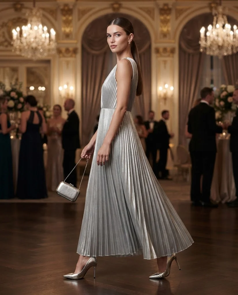 women wearing Silver Pleated Evening Dress