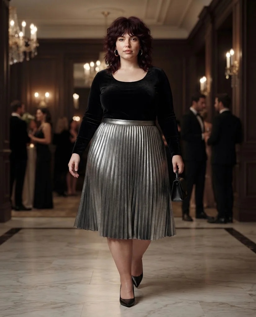 Silver Pleated Skirt With a Black Velvet Top Plus Size Cocktail Party Outfit