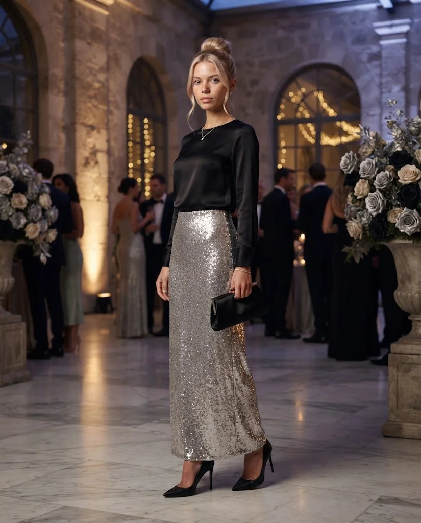 women wearing Silver Skirt With a Simple Black Blouse