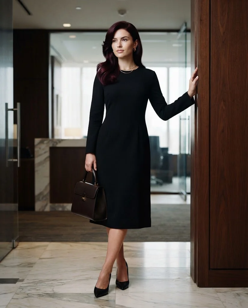 women wearing Simple Black Dress With Minimal Accessories