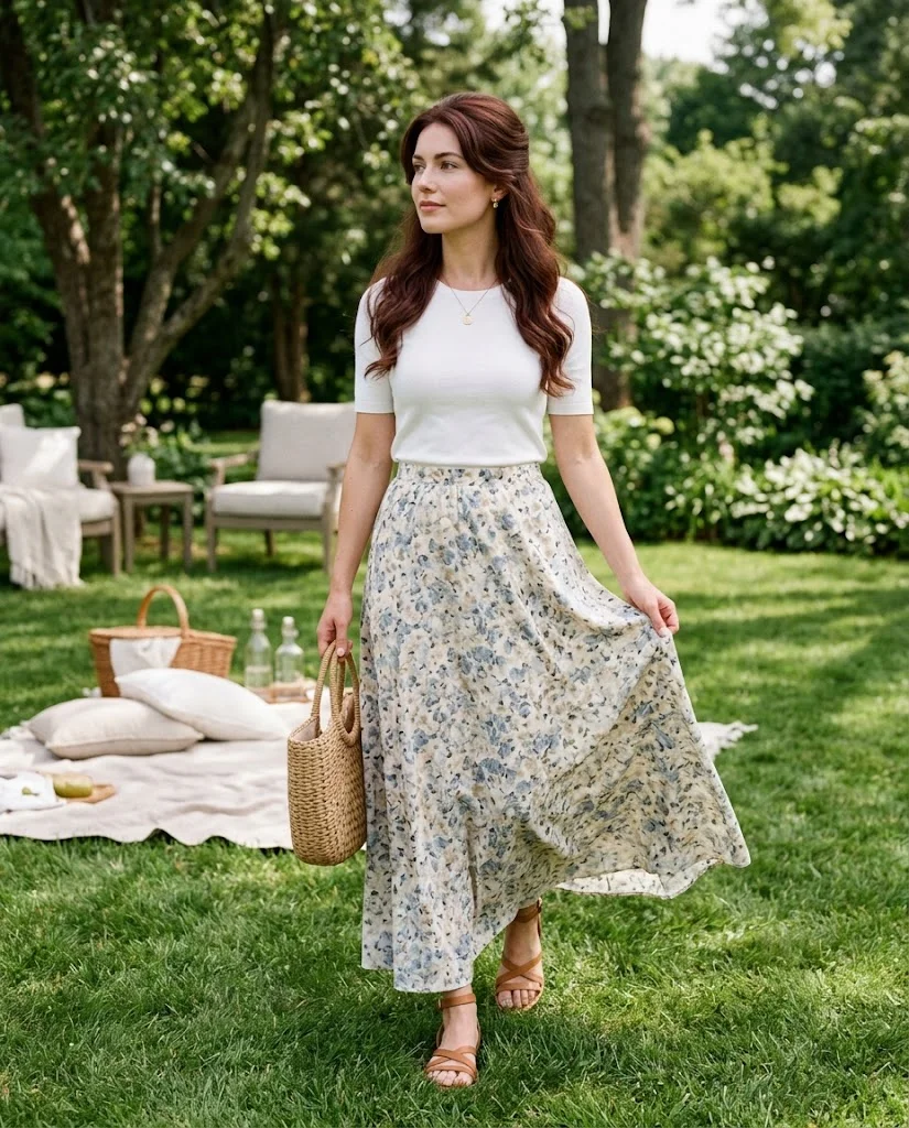 women wearing Simple White Top With a Flowing Maxi Skirt