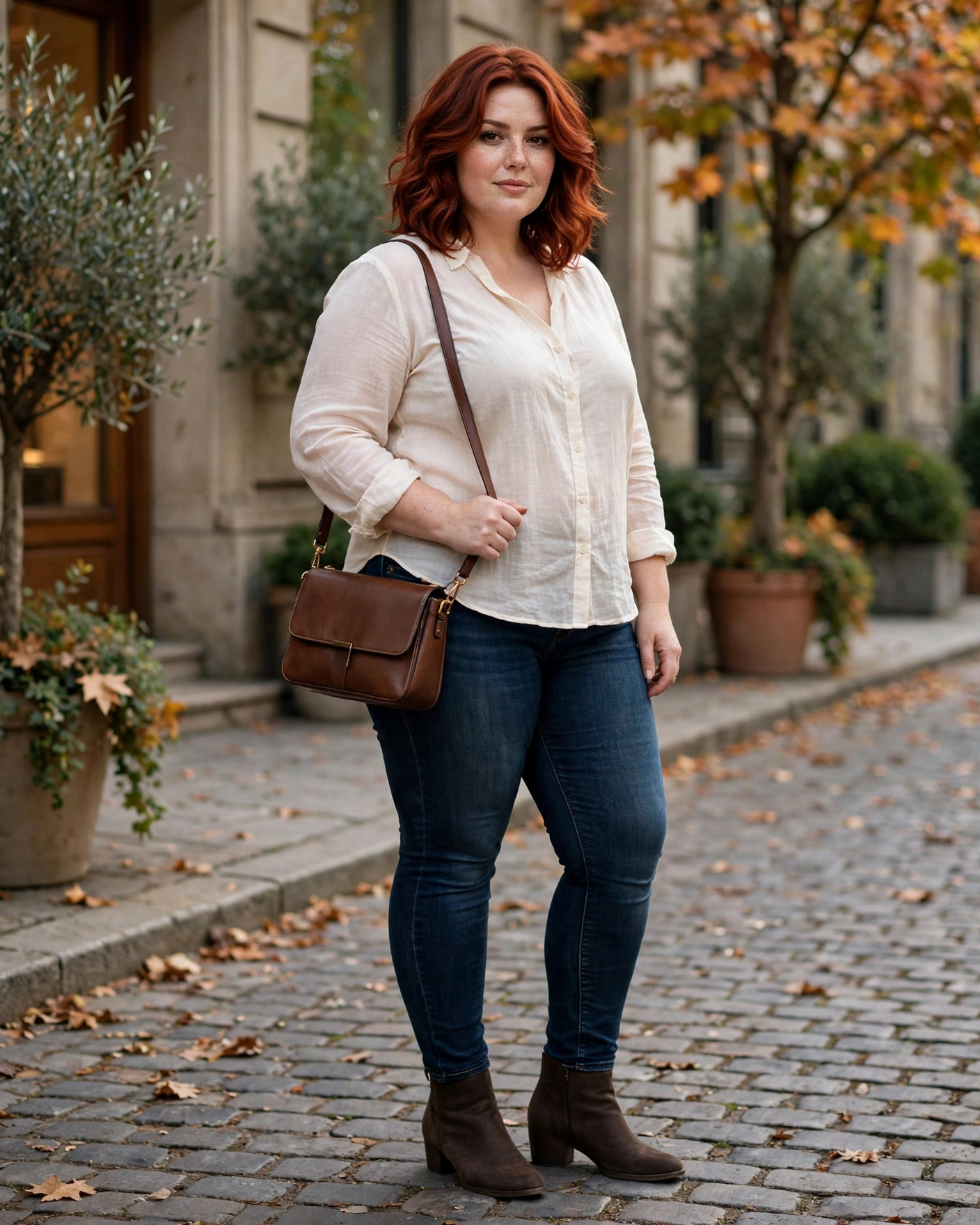 Skinny Jeans With a Lightweight Blouse and Ankle Boots Plus Size Early Fall Outfit