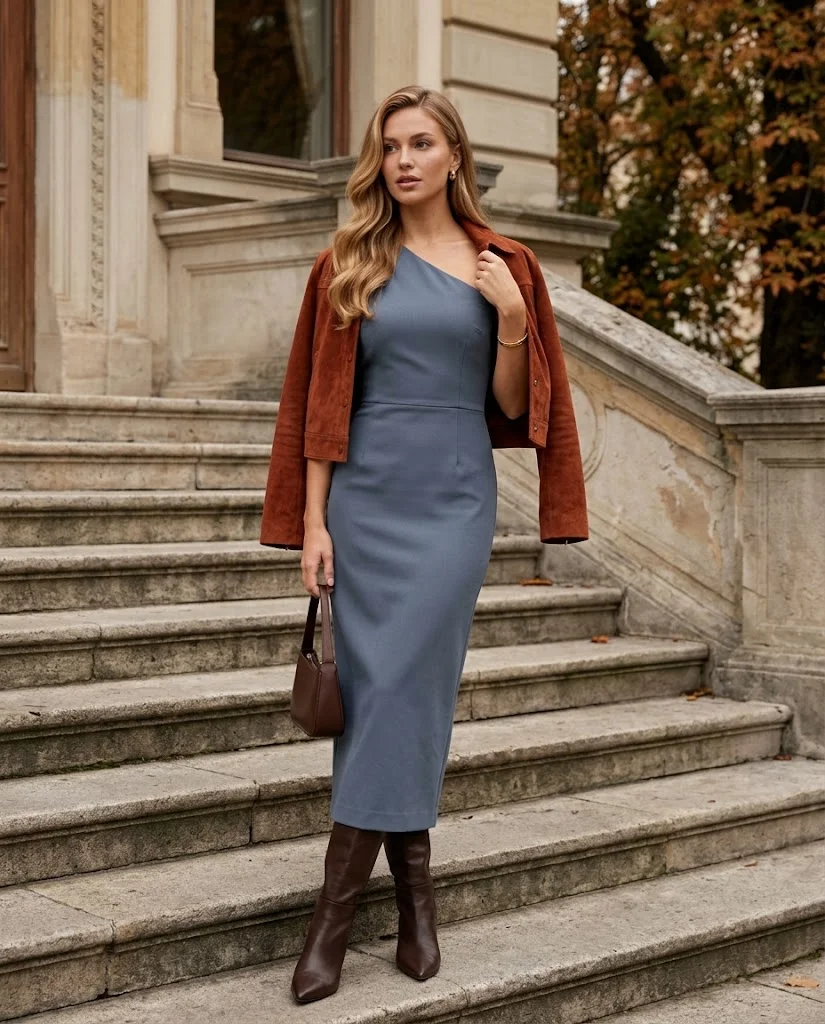 Early Fall Outfits for Women: 20+ Elegant Old Money Ideas 10 Slate Blue One-Shoulder Midi Dress with Rust Suede Jacket, an elegant old money early fall outfit for women