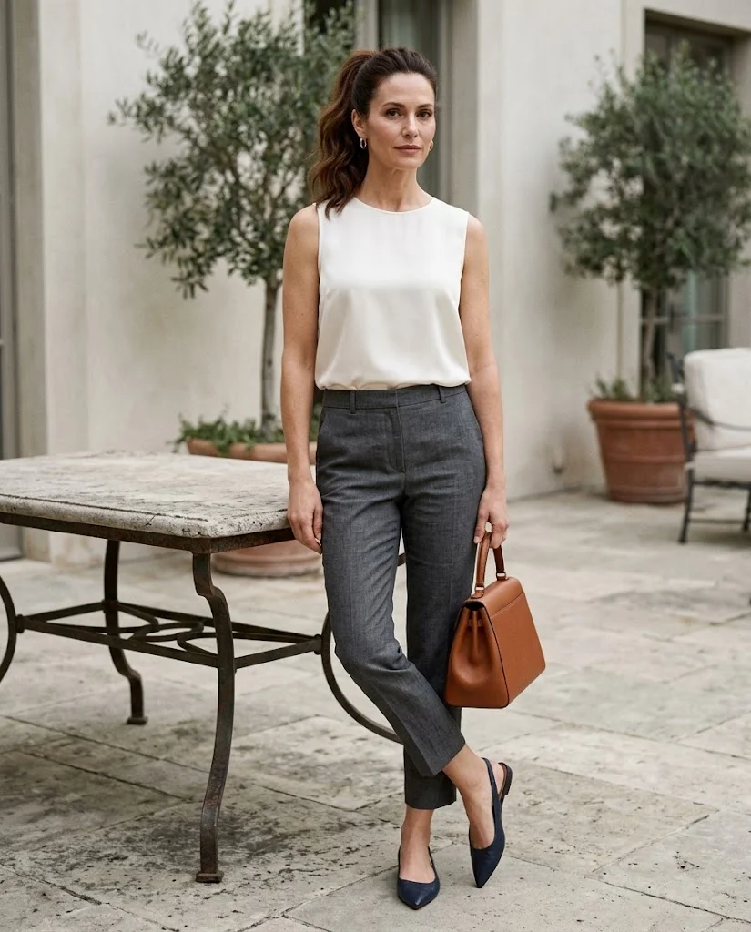 women wearing Sleeveless Blouse With Cropped Tailored Pants