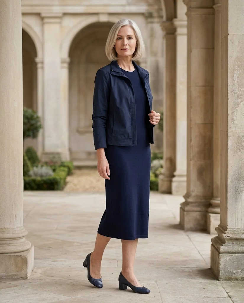 women wearing Sleeveless Knit Dress With a Lightweight Jacket