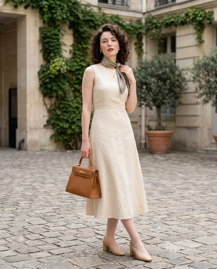 Elegant Old Money Outfits for Women: 20+ Timeless Ideas 10 women wearing Sleeveless Midi Dress With a Silk Scarf