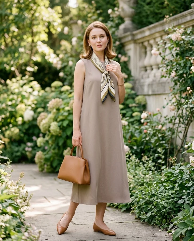 women wearing Sleeveless Midi Dress With a Silk Scarf