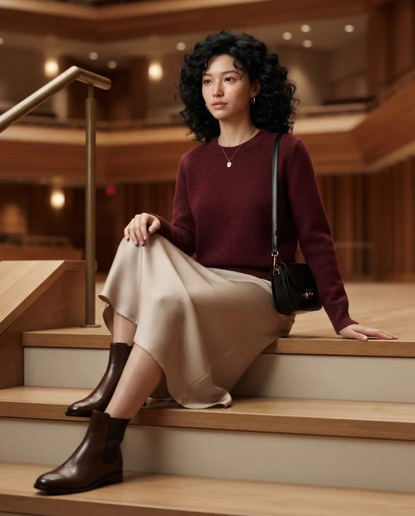 women wearing Slip Skirt With a Classic Crew-Neck Sweater