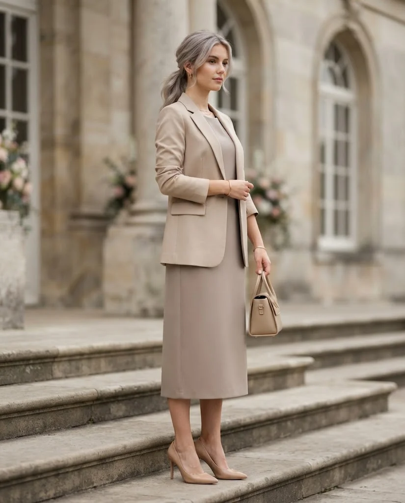women wearing Soft Beige Dress With a Structured Blazer