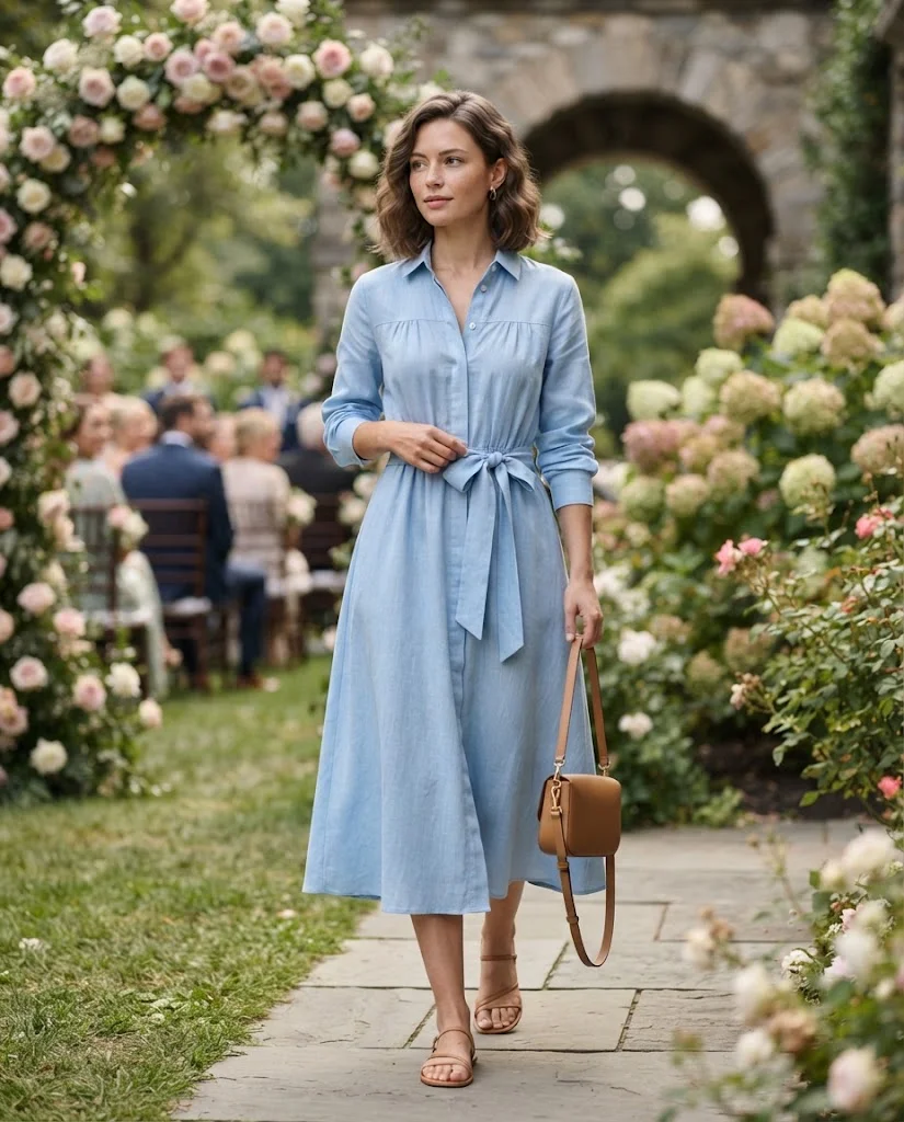 women wearing Soft Blue Shirt Dress With Sandals