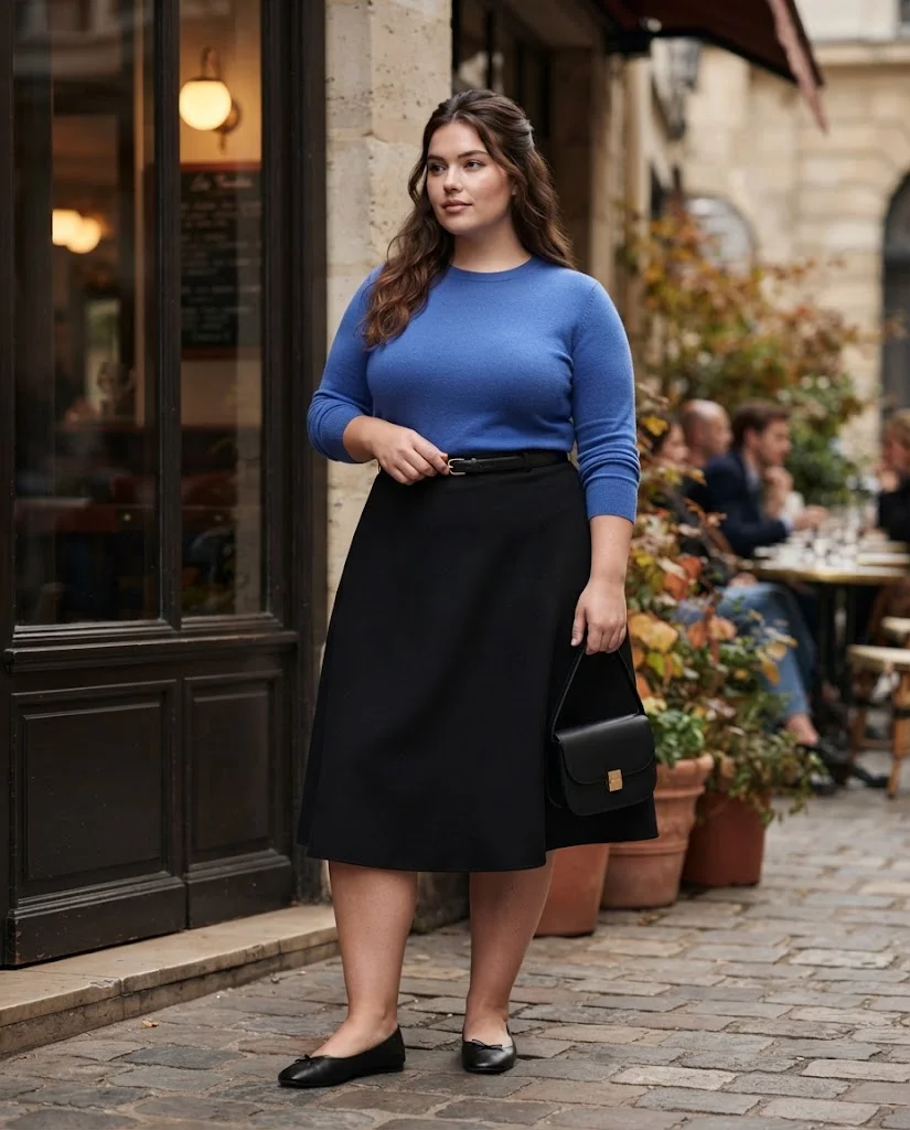 Plus Size Fall Brunch Outfits: Chic Looks for Crisp Autumn Days 11 Soft Blue Sweater With a Black A-Line Skirt Plus Size Fall Brunch Outfit