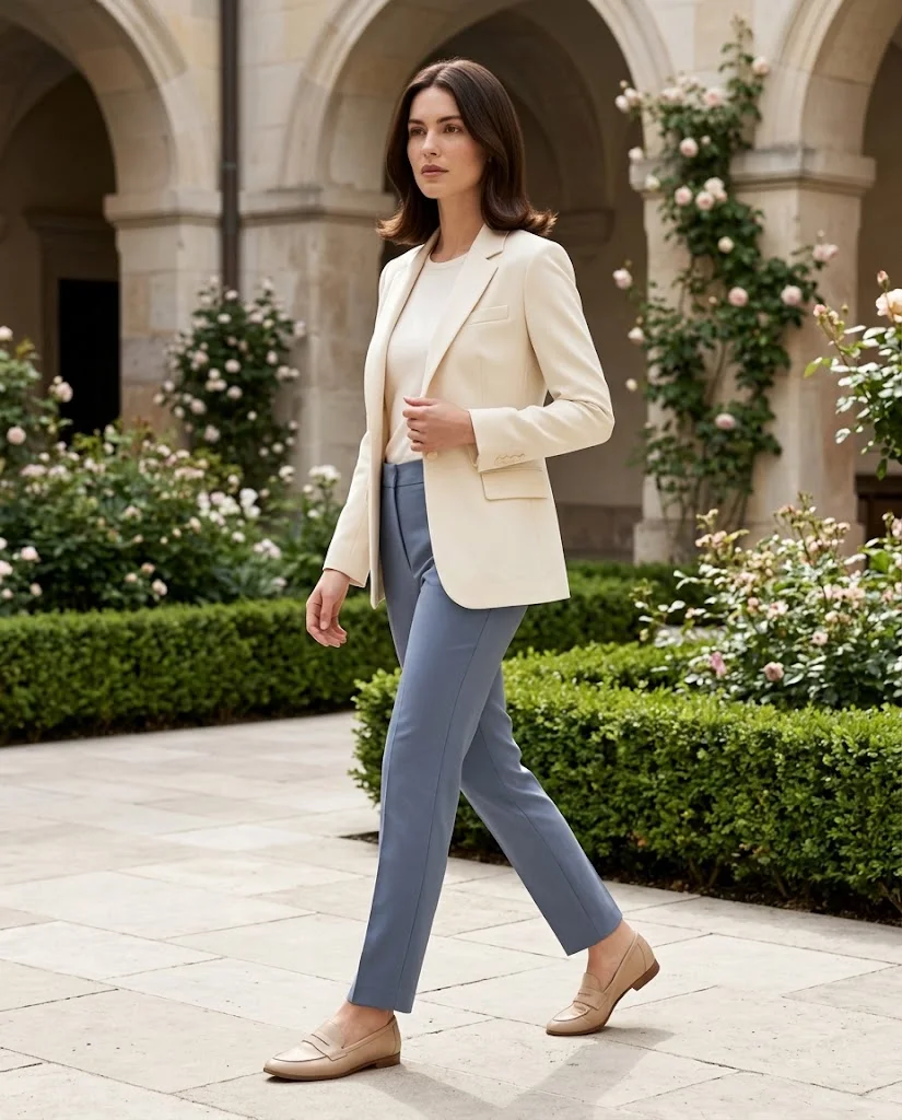 women wearing Soft Blue Trousers With a Cream Tailored Layer